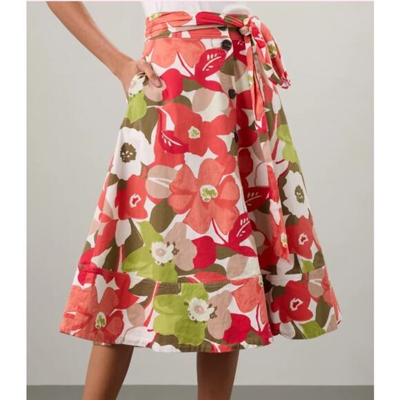 Natori Anemone Floral Garden pink & green cotton pleated flare midi Skirt S - Picture 1 of 6